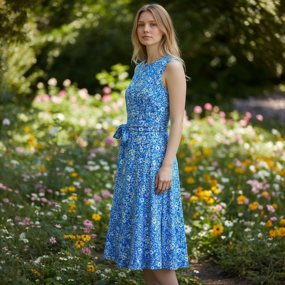 Anne Klein Midi Belted Blue Floral Dress
